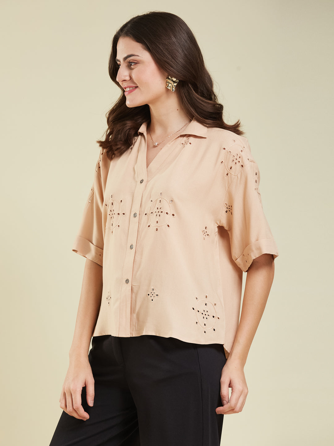 Beige Casual Printed Shirt in Cotton Blend Fabric for Women