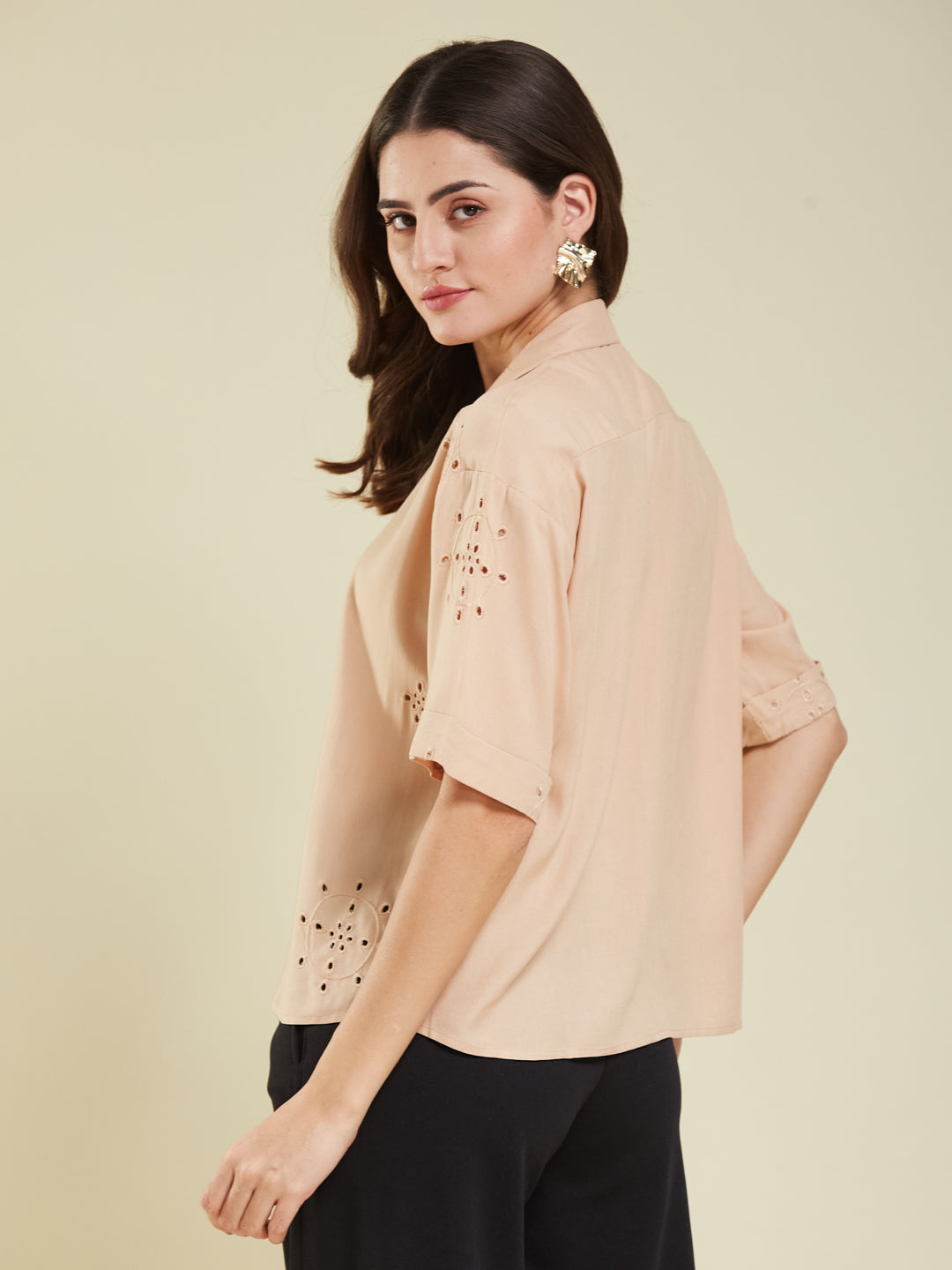 Beige Casual Printed Shirt in Cotton Blend Fabric for Women