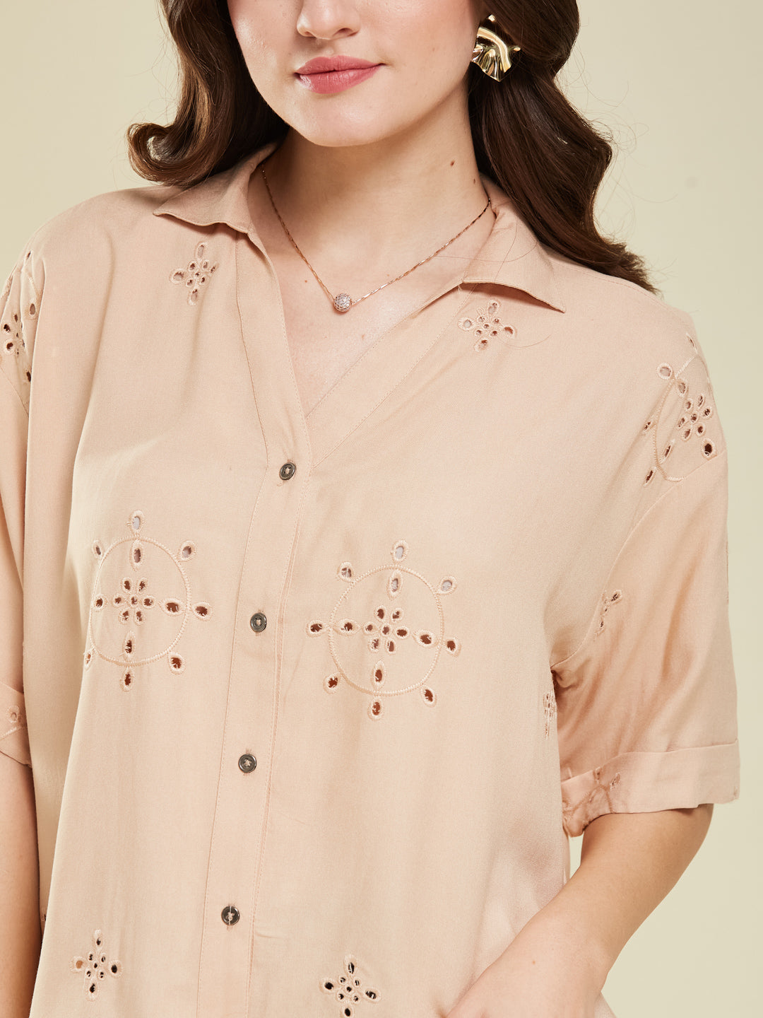 Beige Casual Printed Shirt in Cotton Blend Fabric for Women