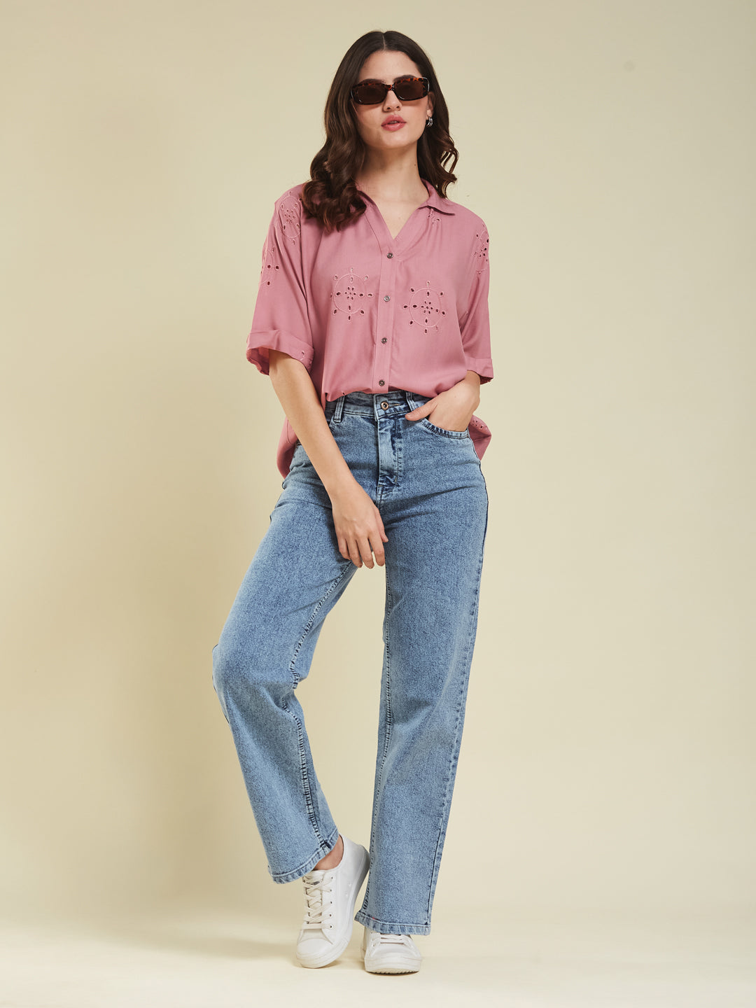 Pink Casual Printed Shirt in Cotton Blend Fabric for Women