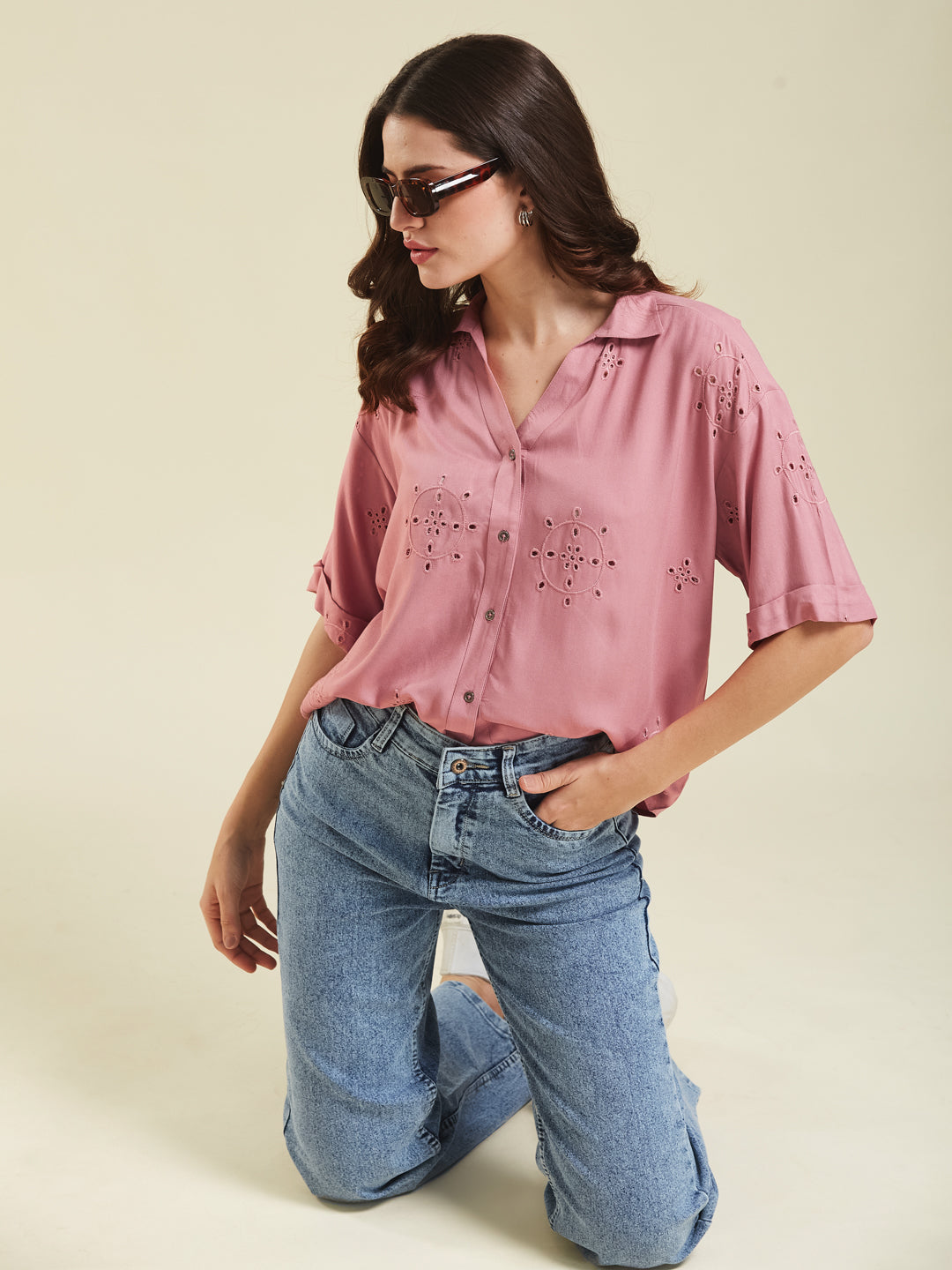 Pink Casual Printed Shirt in Cotton Blend Fabric for Women