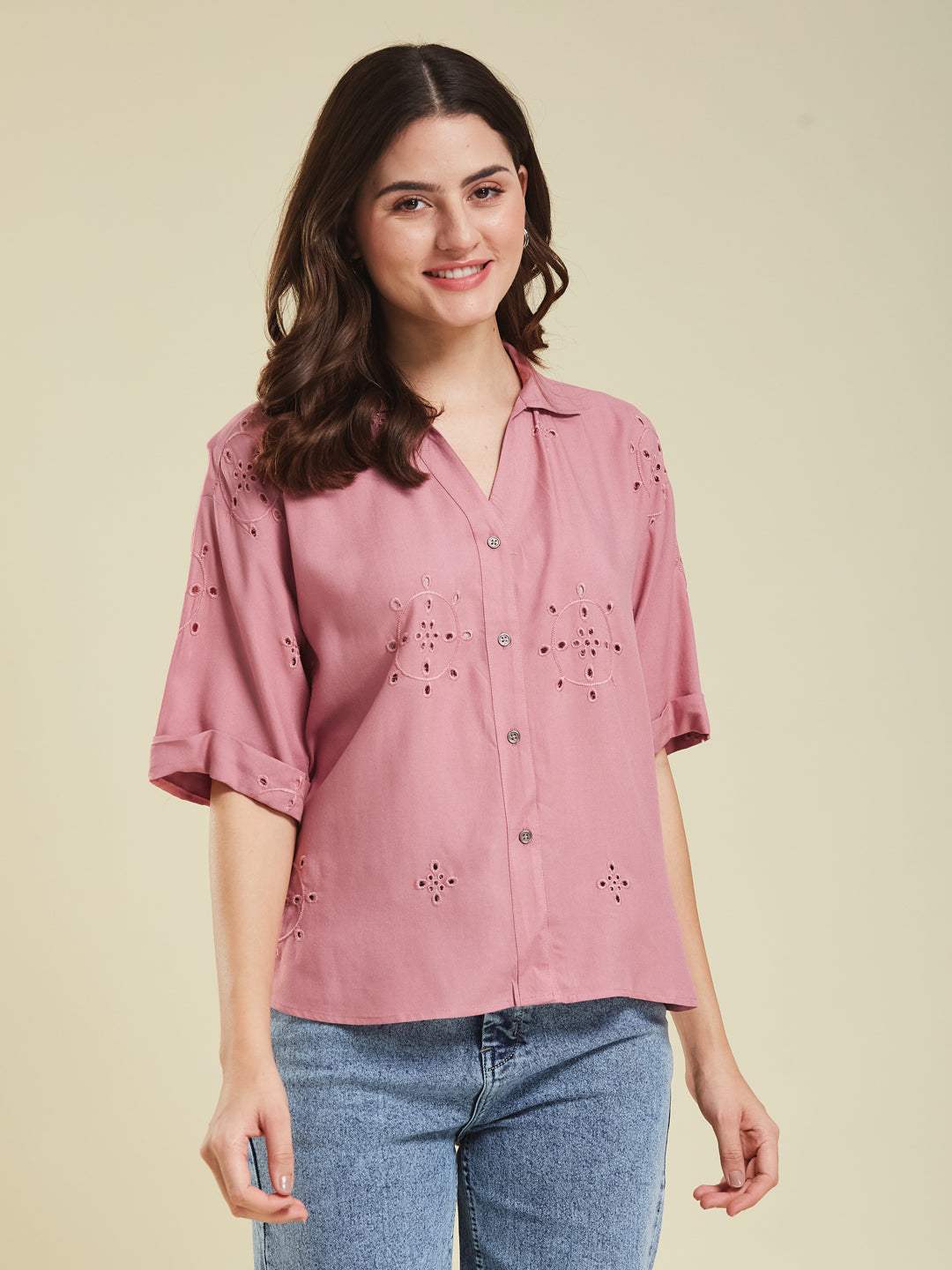 Pink Casual Printed Shirt in Cotton Blend Fabric for Women