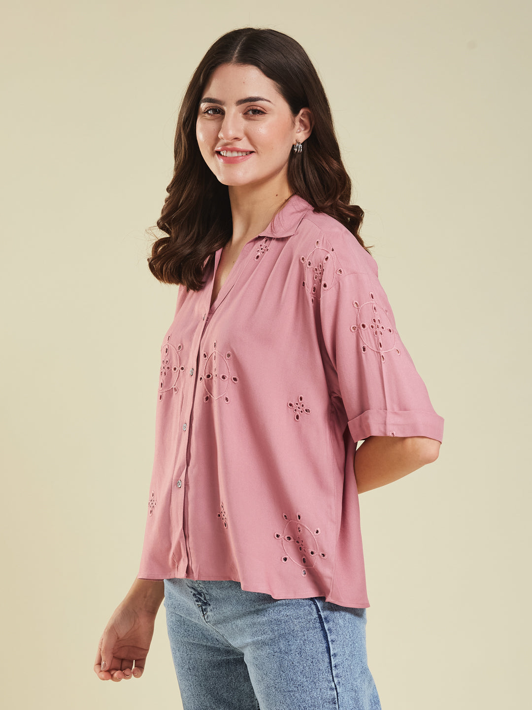 Pink Casual Printed Shirt in Cotton Blend Fabric for Women