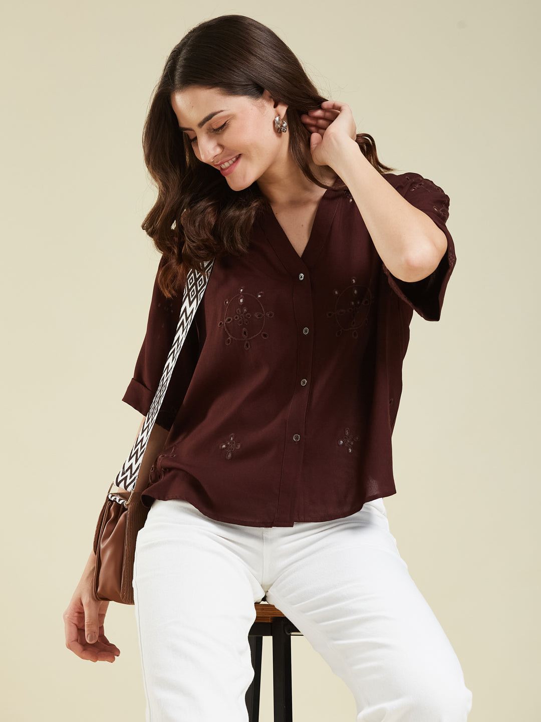 Coffee Casual Printed Shirt in Cotton Blend Fabric for Women