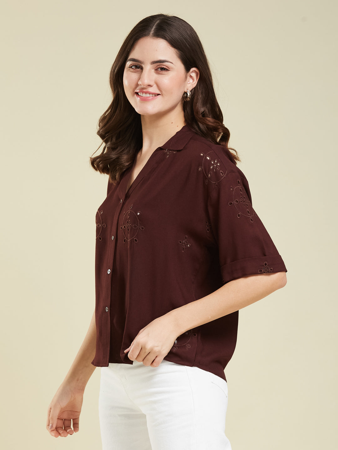 Coffee Casual Printed Shirt in Cotton Blend Fabric for Women