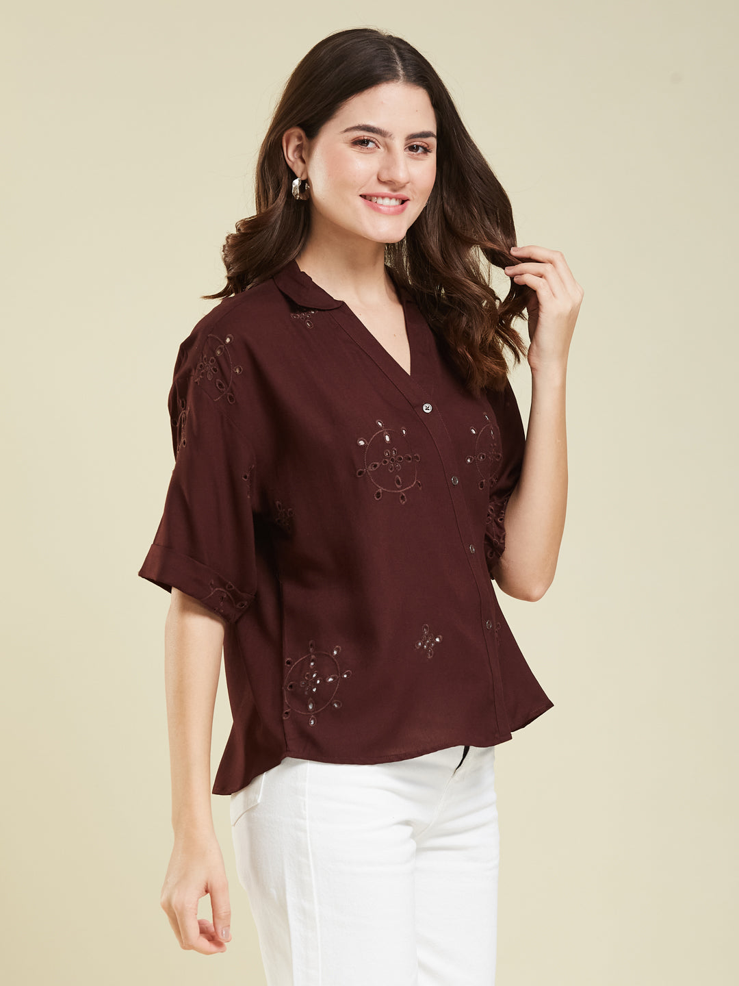 Coffee Casual Printed Shirt in Cotton Blend Fabric for Women