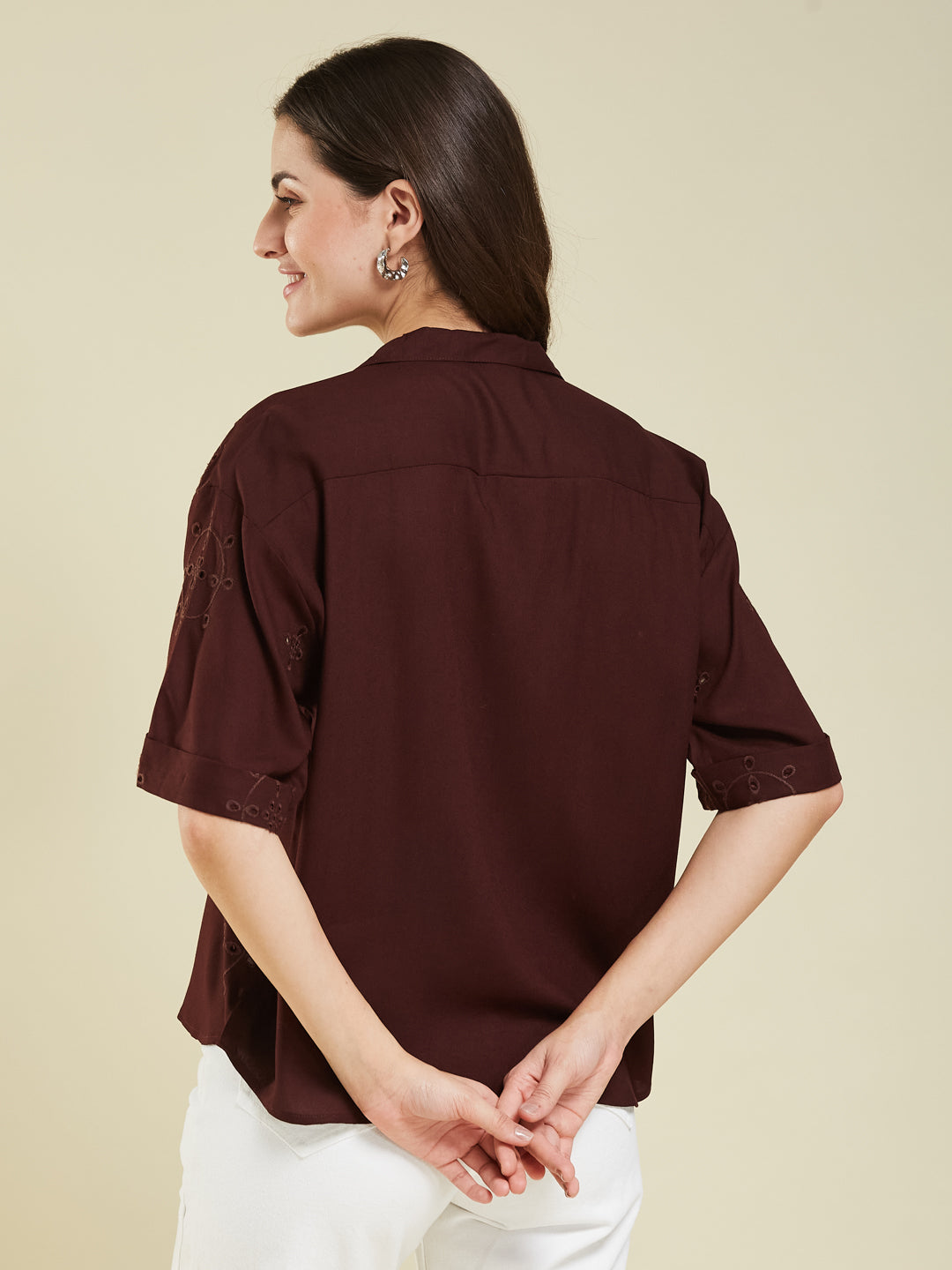 Coffee Casual Printed Shirt in Cotton Blend Fabric for Women