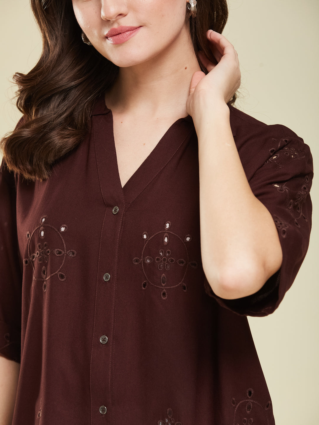 Coffee Casual Printed Shirt in Cotton Blend Fabric for Women
