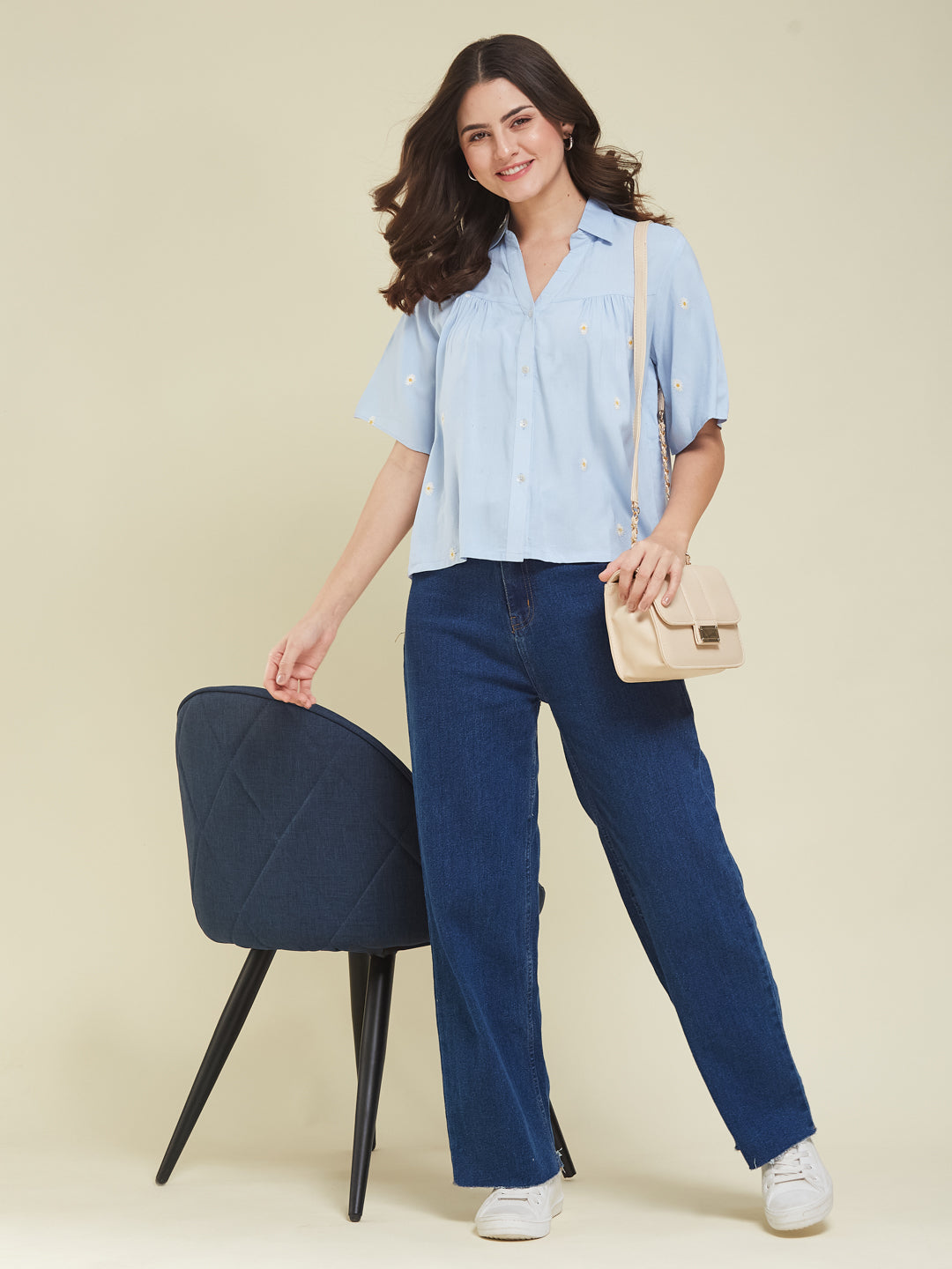 Women's Sky Blue Embroidered Rayon Oversize Shirt