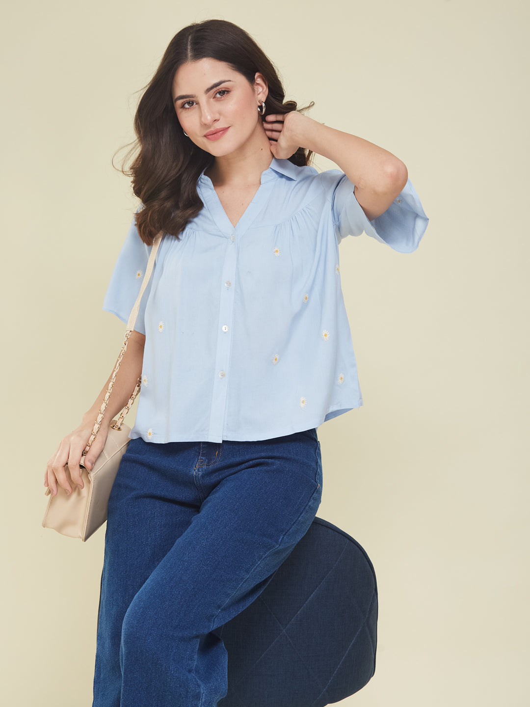 Women's Sky Blue Embroidered Rayon Oversize Shirt