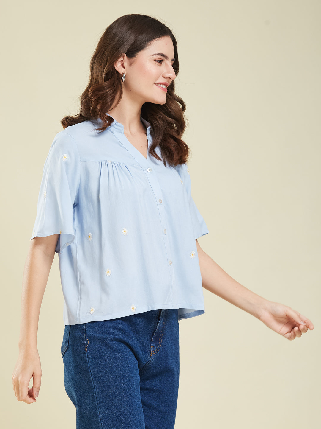 Women's Sky Blue Embroidered Rayon Oversize Shirt