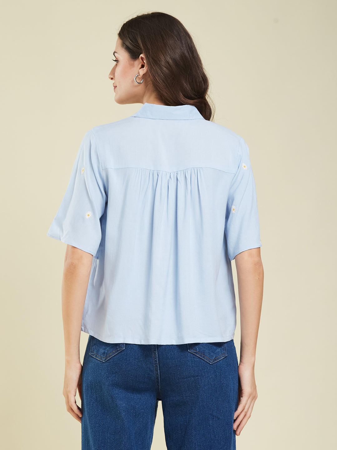 Women's Sky Blue Embroidered Rayon Oversize Shirt