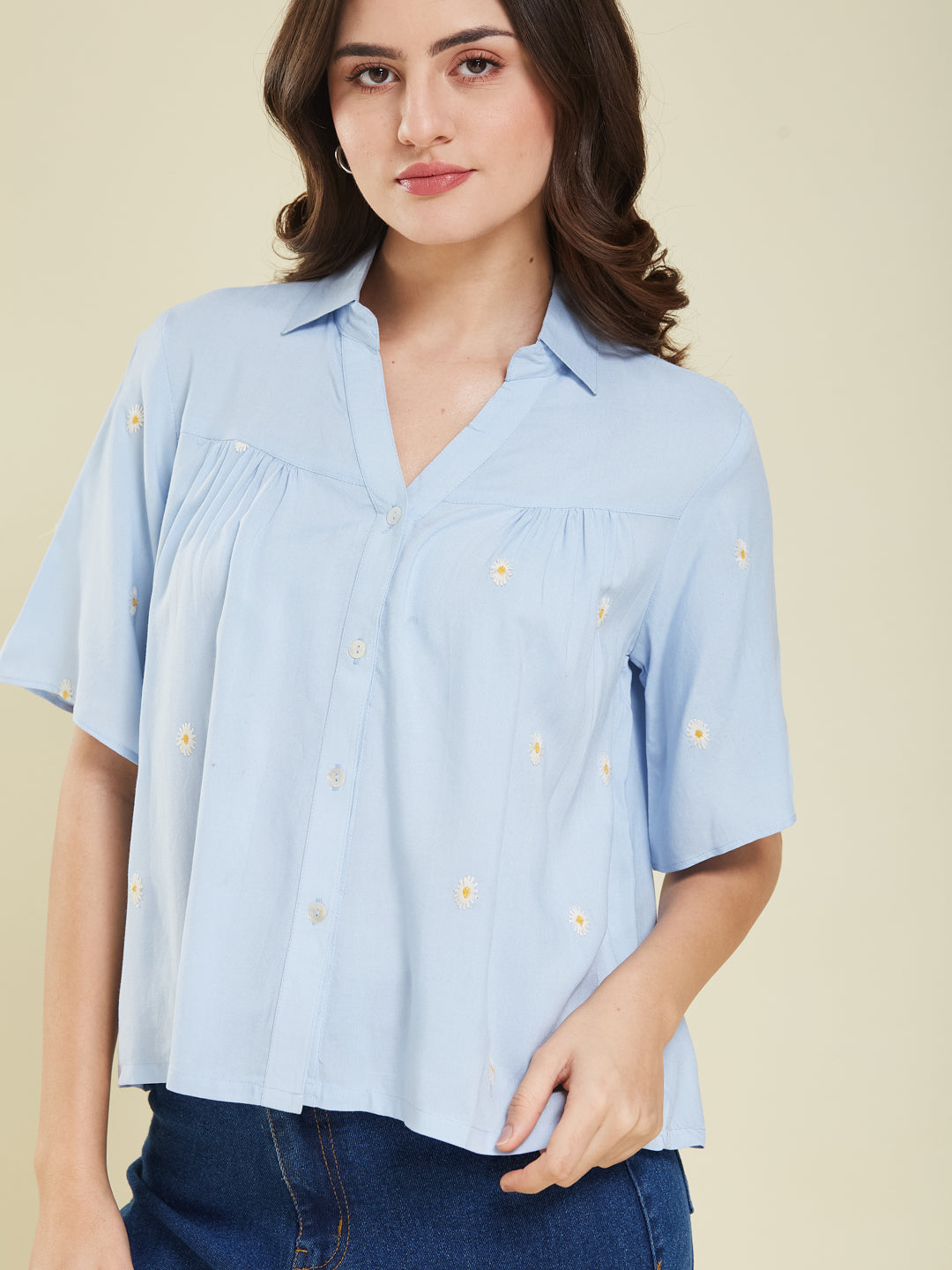 Women's Sky Blue Embroidered Rayon Oversize Shirt