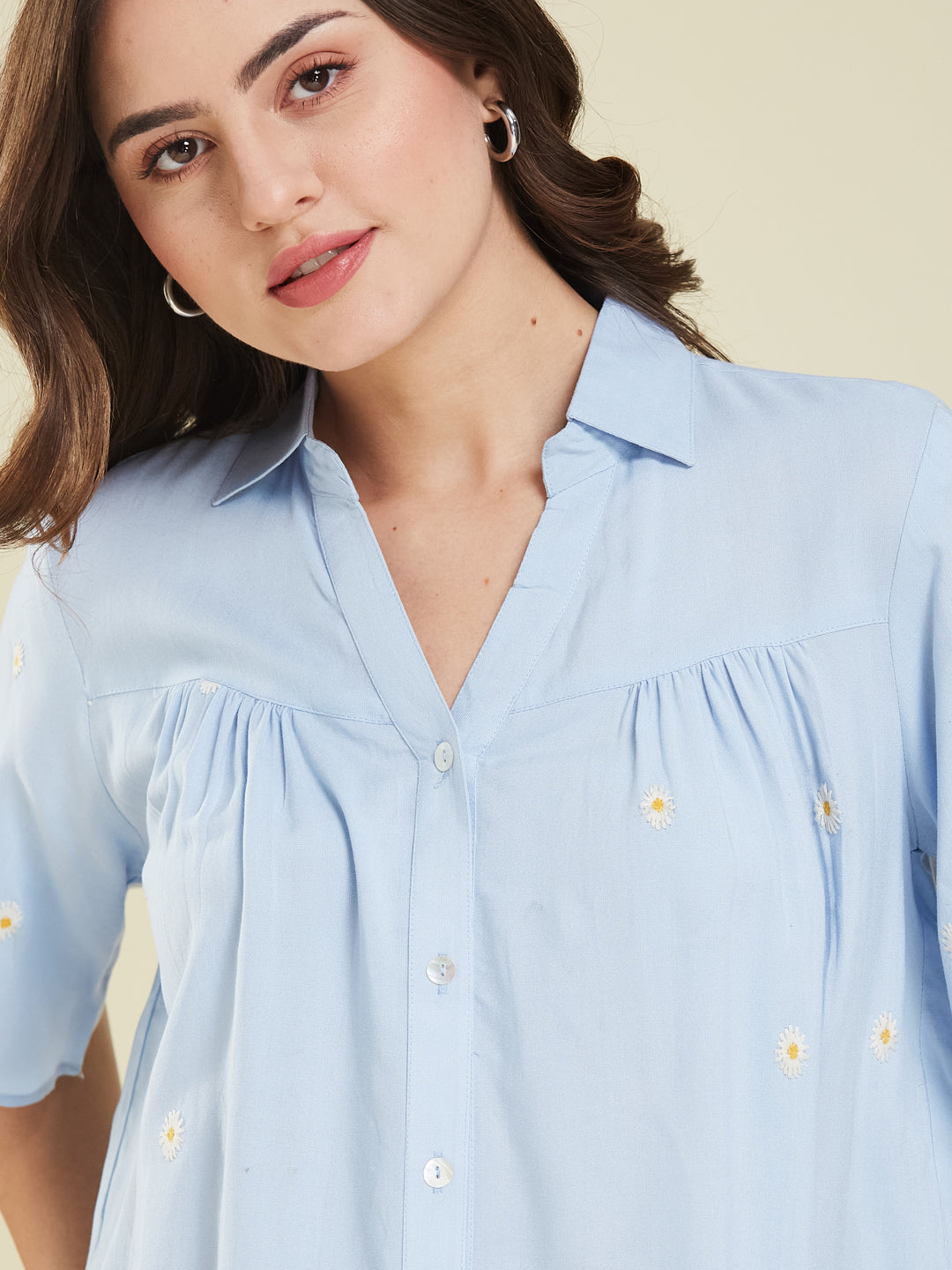 Women's Sky Blue Embroidered Rayon Oversize Shirt