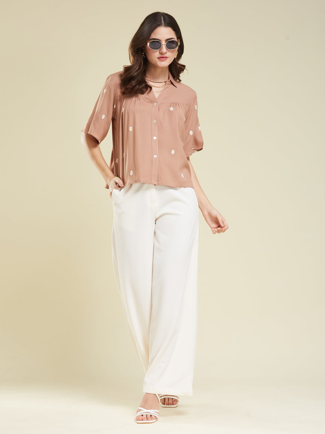 Women's Dark Beige Embroidered Rayon Oversize Shirt