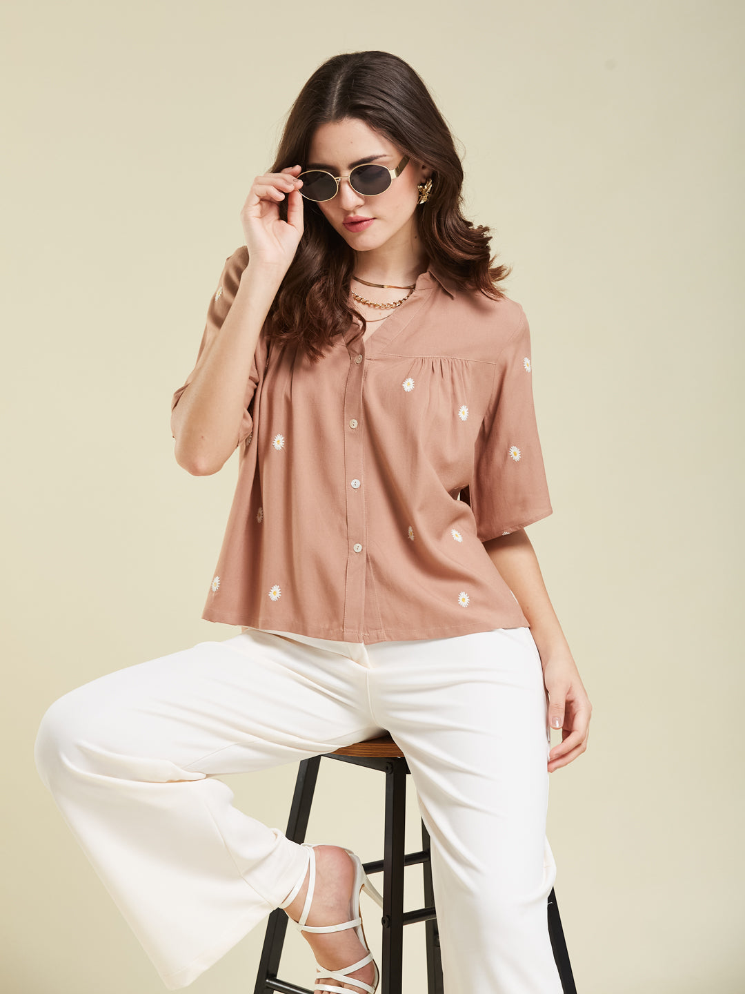 Women's Dark Beige Embroidered Rayon Oversize Shirt