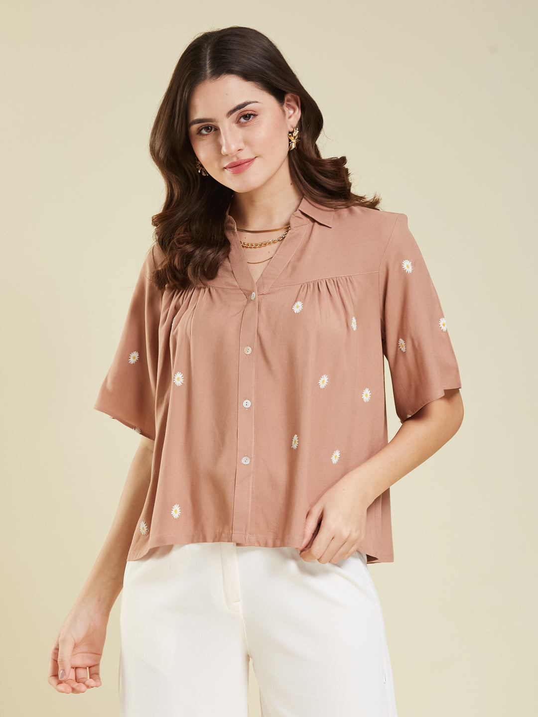 Women's Dark Beige Embroidered Rayon Oversize Shirt