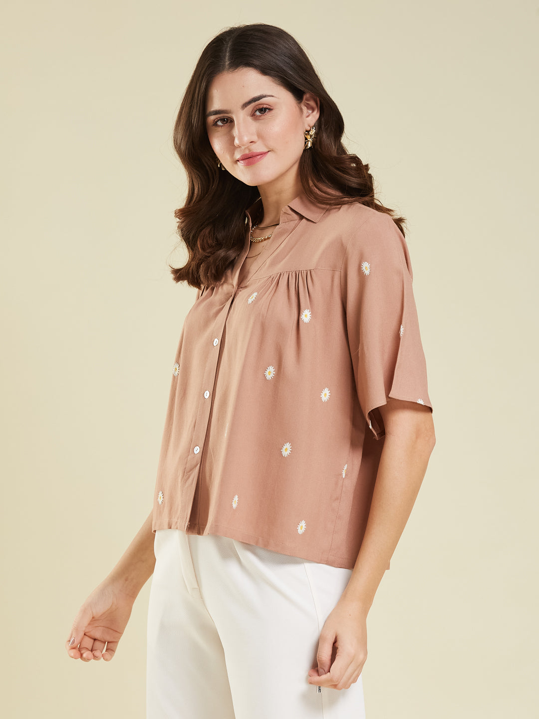 Women's Dark Beige Embroidered Rayon Oversize Shirt