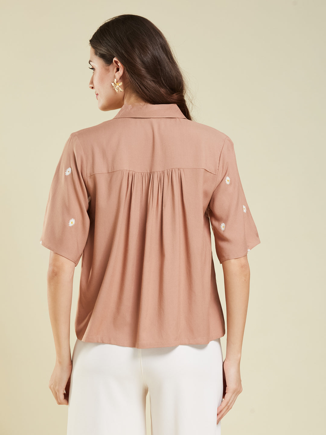 Women's Dark Beige Embroidered Rayon Oversize Shirt