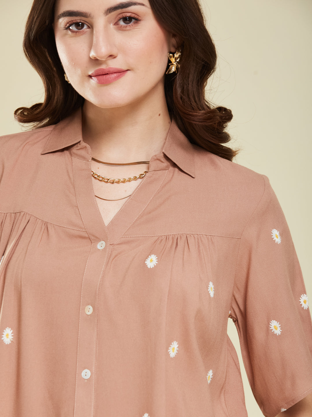 Women's Dark Beige Embroidered Rayon Oversize Shirt