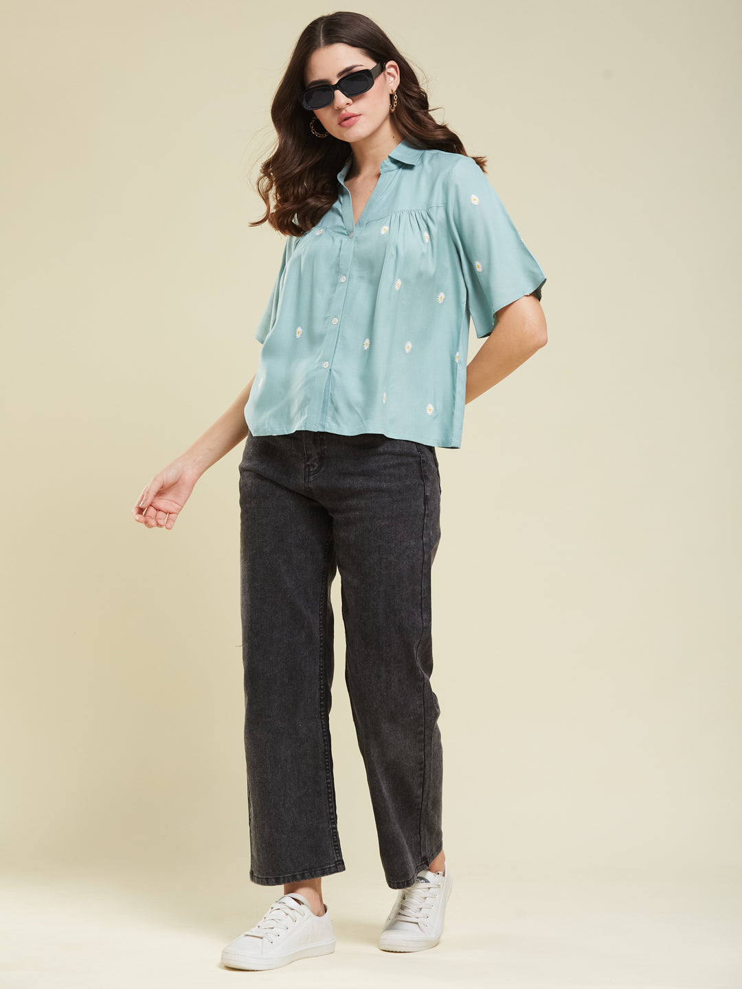 Women's Aque Green Rayon Embroidered Oversize shirt