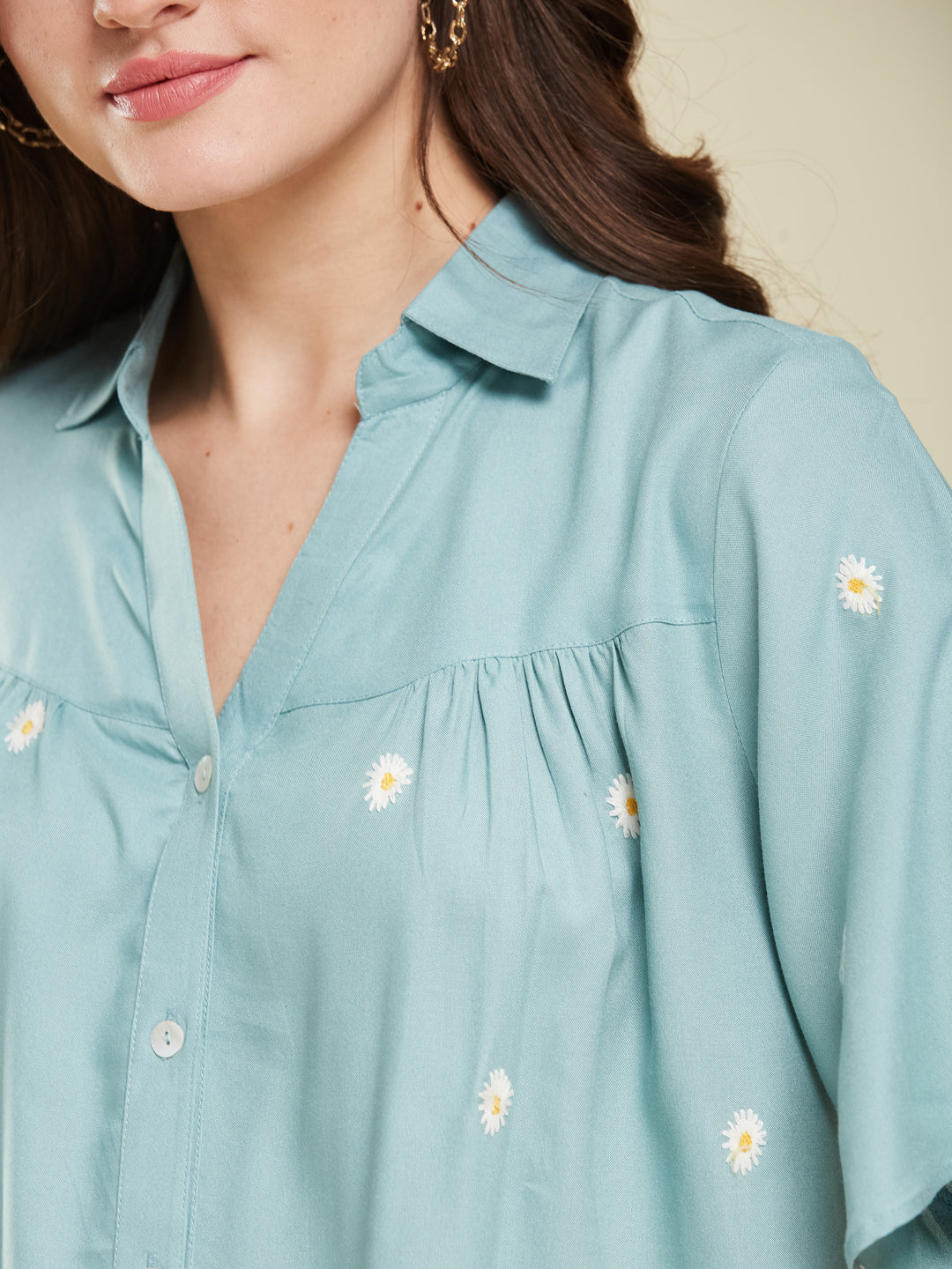 Women's Aque Green Rayon Embroidered Oversize shirt