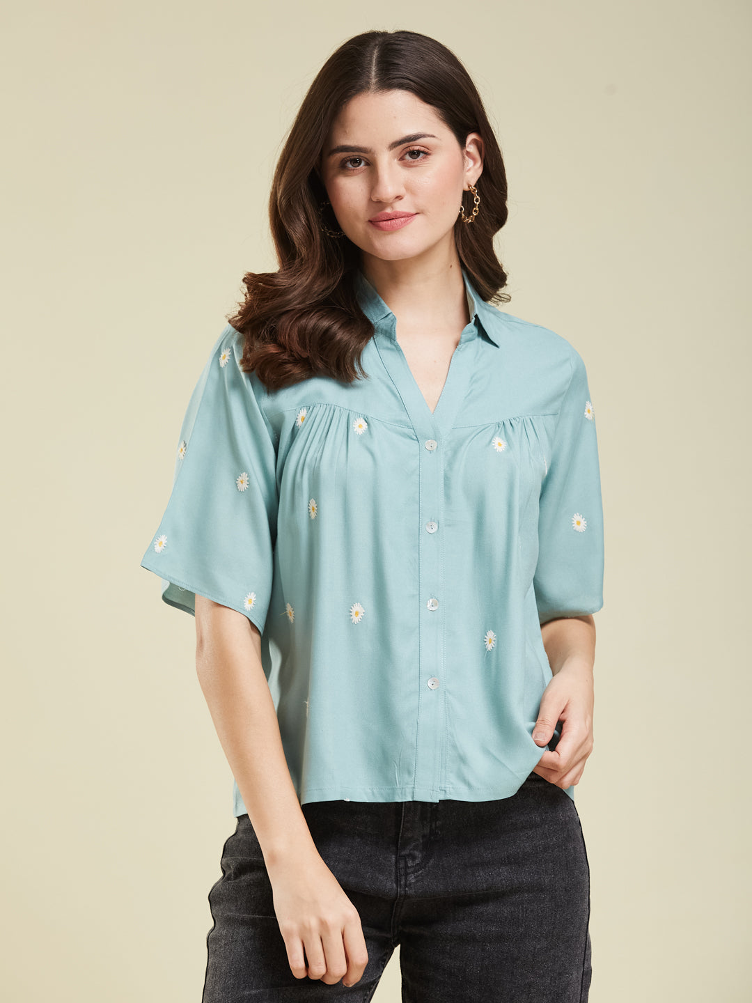 Women's Aque Green Rayon Embroidered Oversize shirt