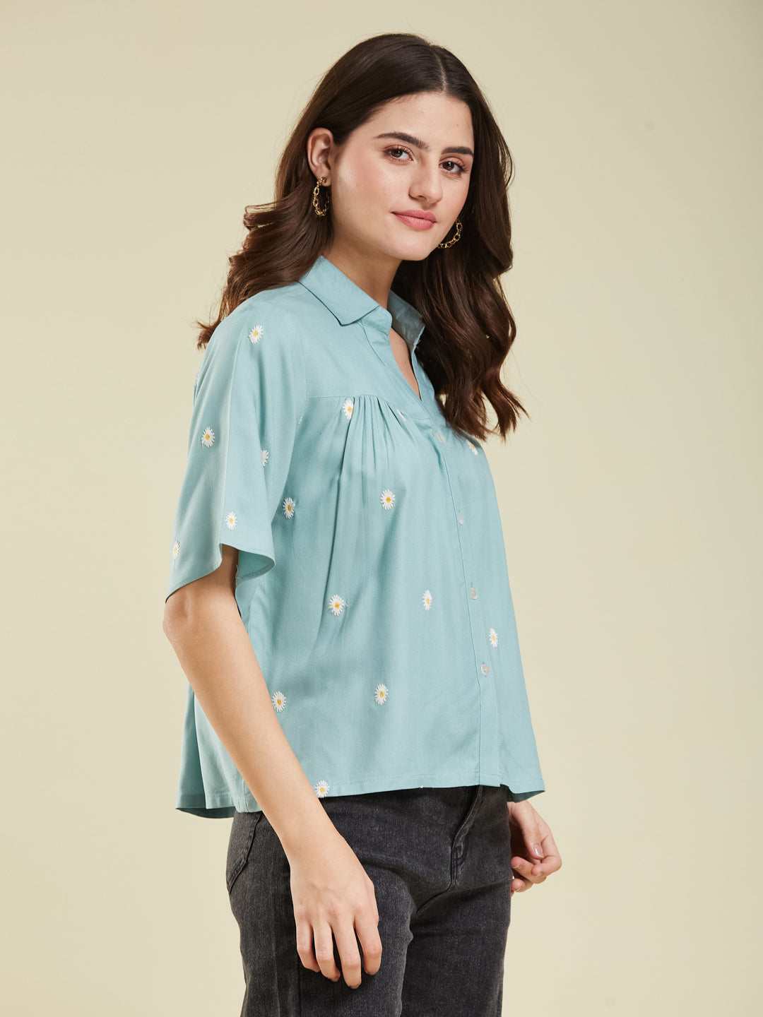 Women's Aque Green Rayon Embroidered Oversize shirt
