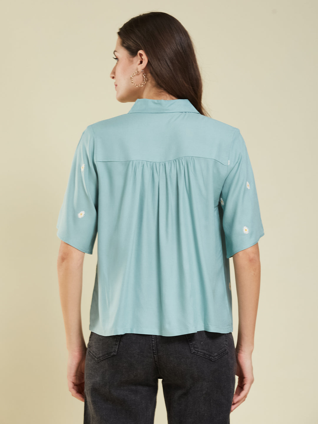 Women's Aque Green Rayon Embroidered Oversize shirt