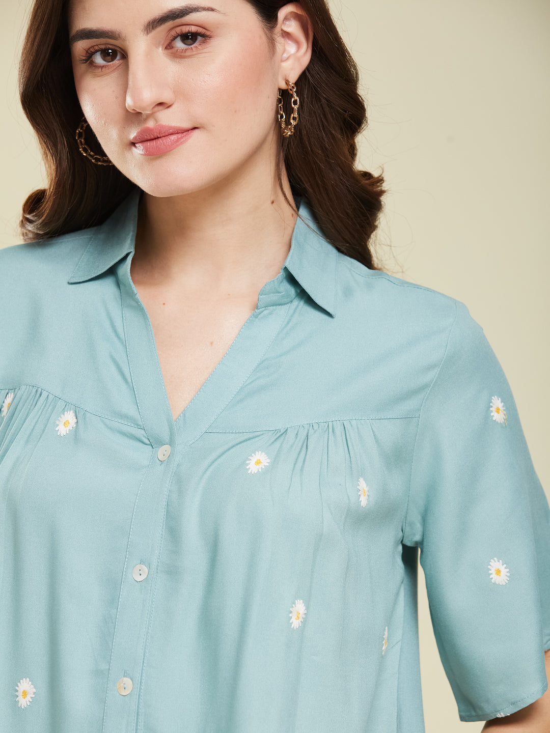 Women's Aque Green Rayon Embroidered Oversize shirt