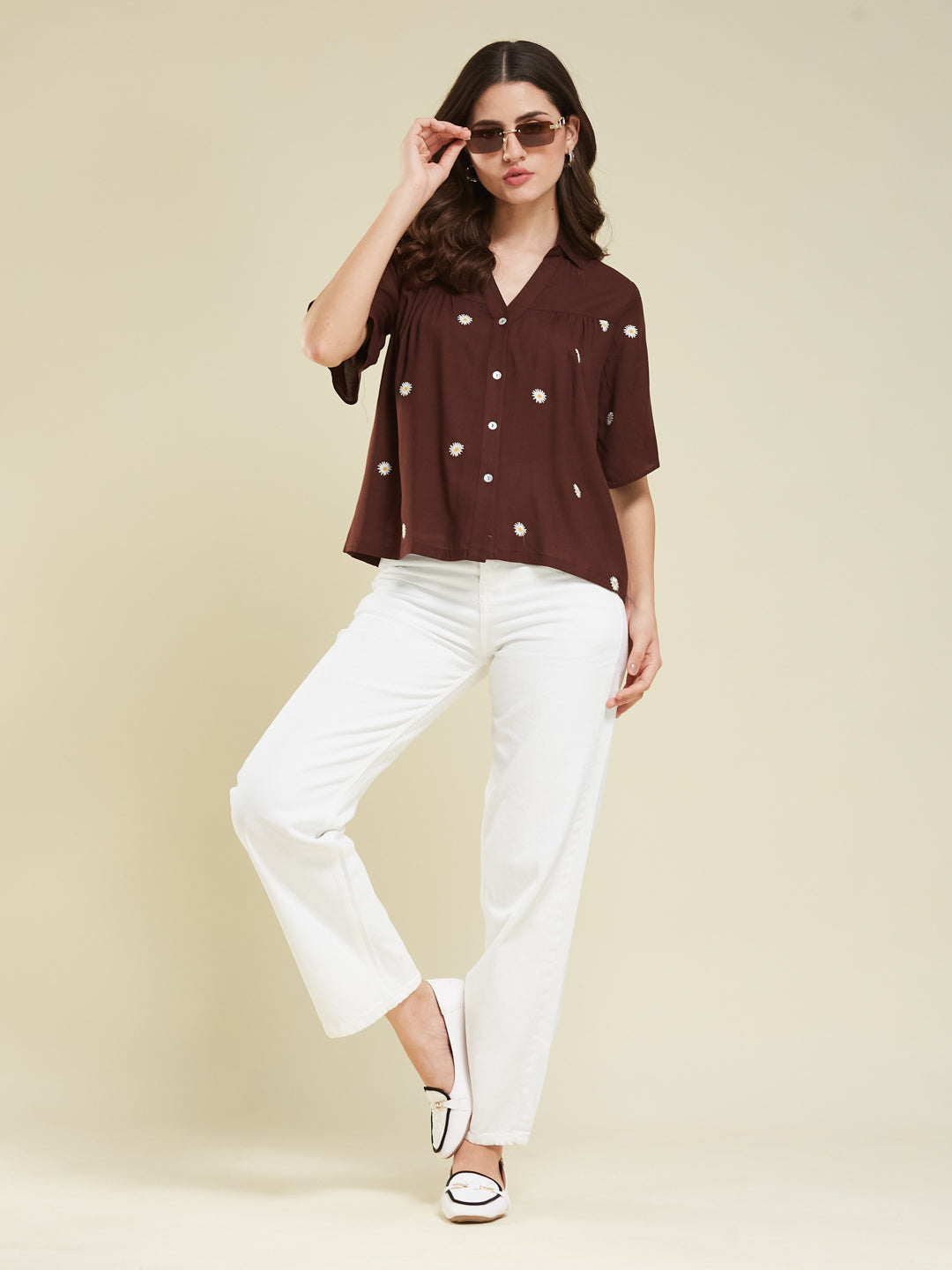 Women's Coffee Embroidered Rayon Oversize Shirt