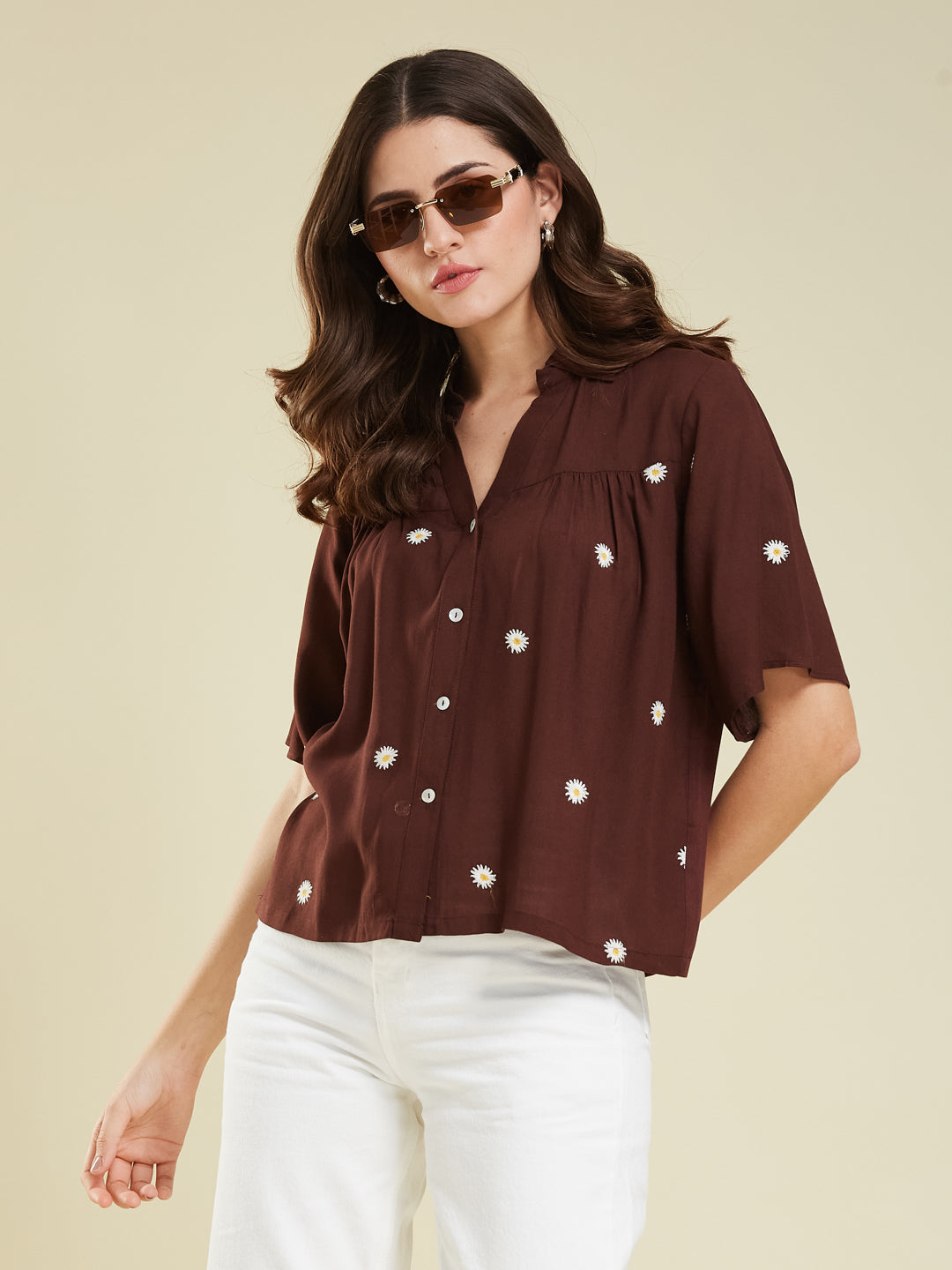 Women's Coffee Embroidered Rayon Oversize Shirt
