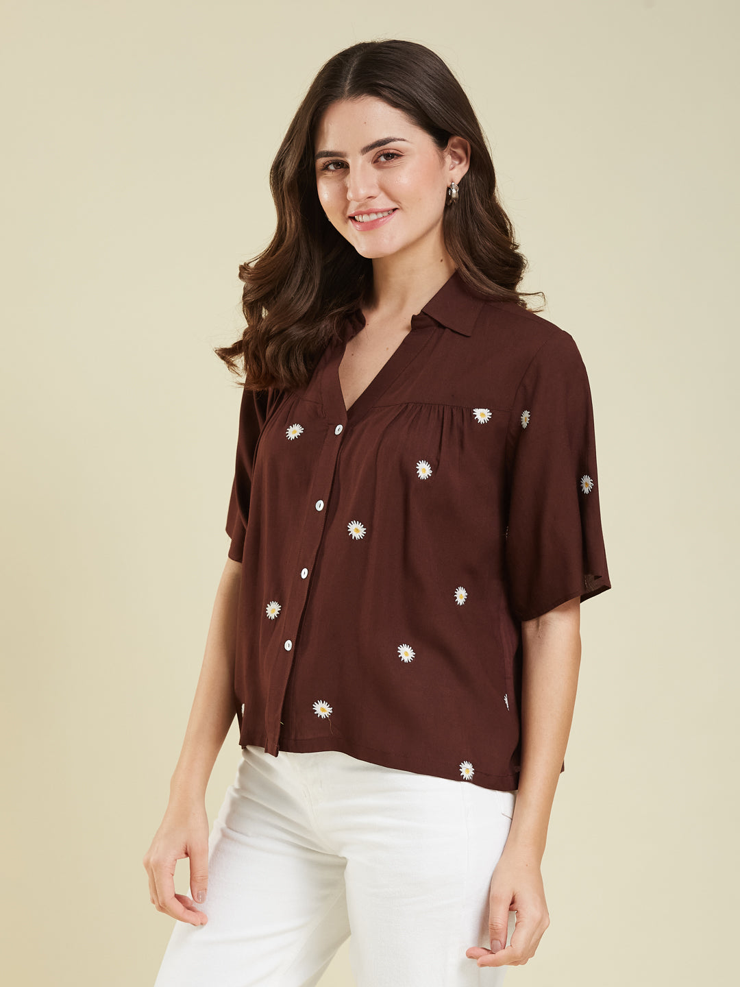 Women's Coffee Embroidered Rayon Oversize Shirt