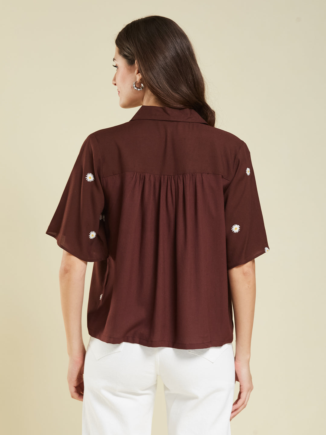 Women's Coffee Embroidered Rayon Oversize Shirt