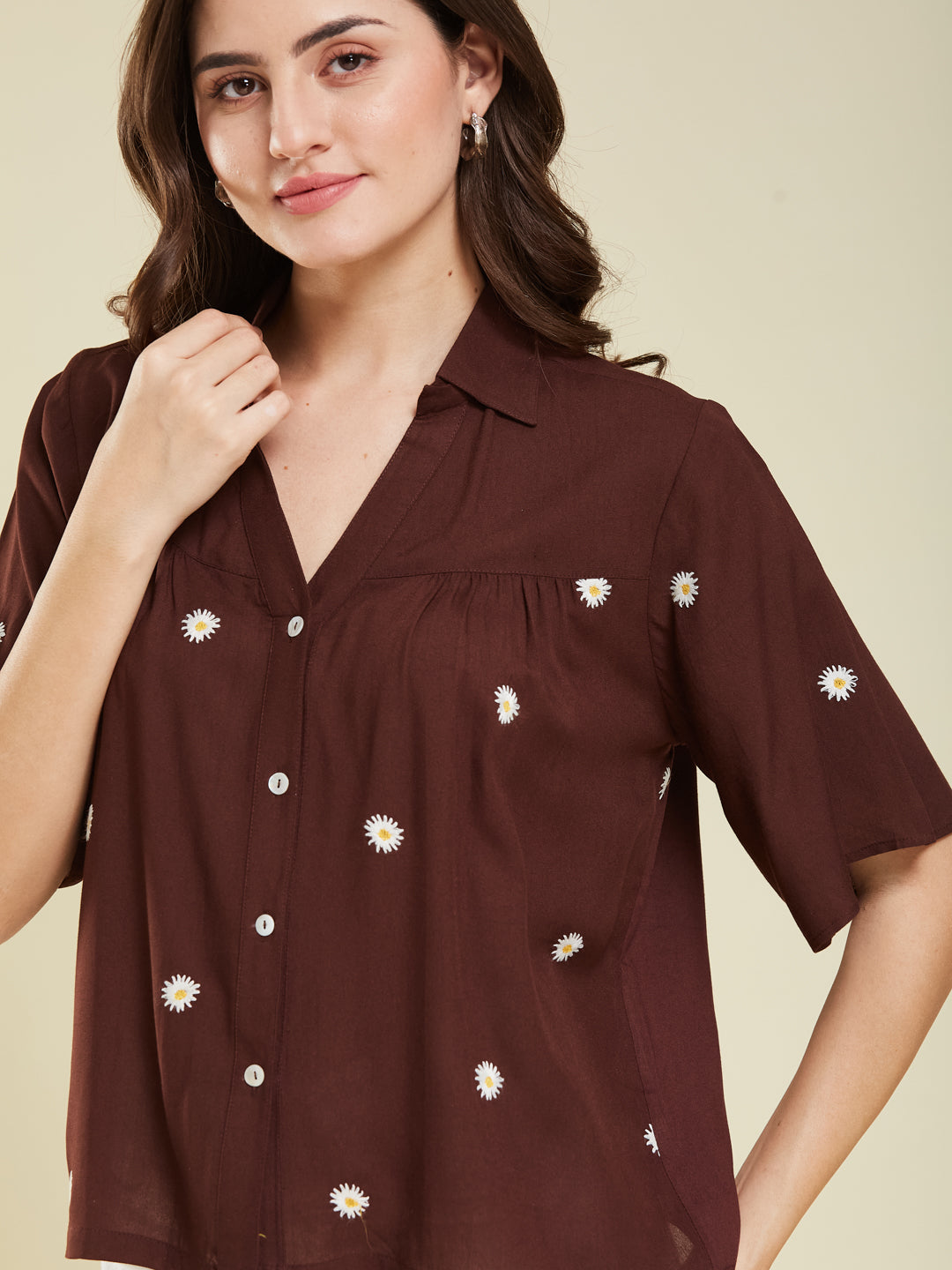 Women's Coffee Embroidered Rayon Oversize Shirt