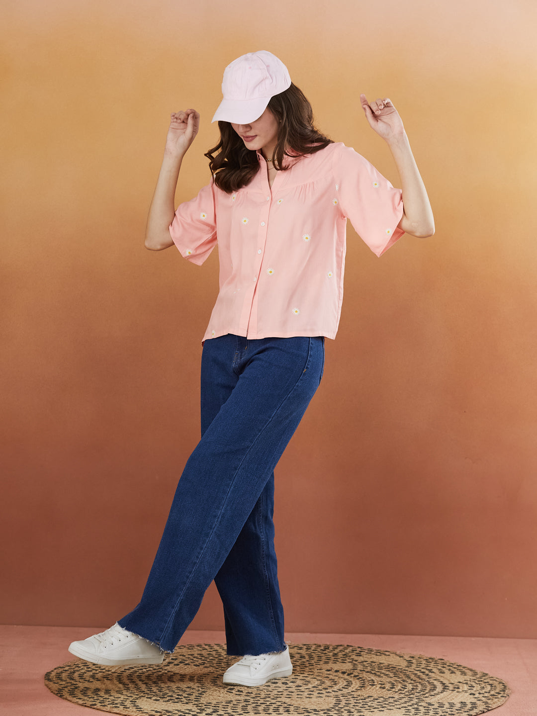 Women's Peach Rayon Embroidered Oversize shirt