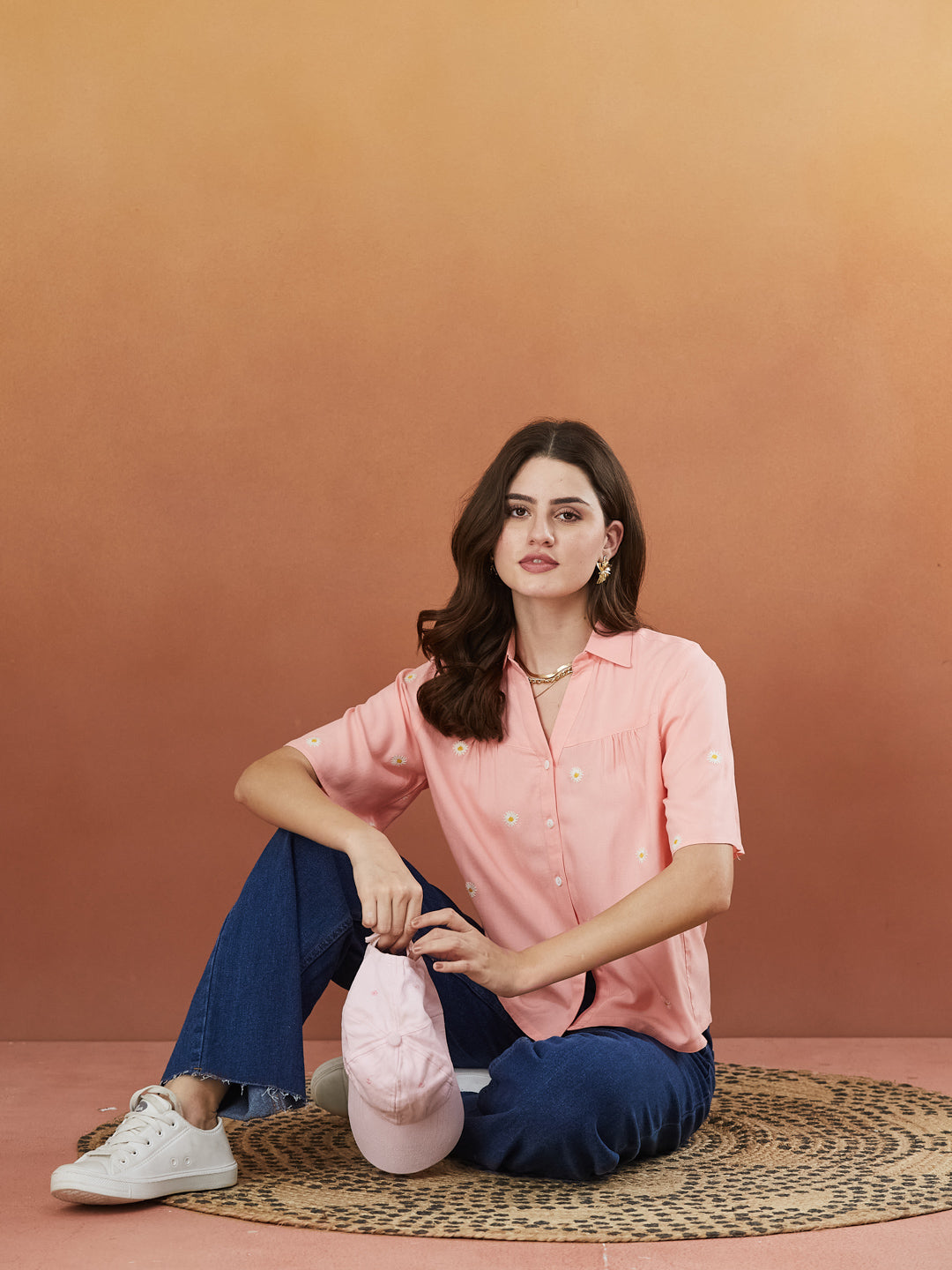 Women's Peach Rayon Embroidered Oversize shirt