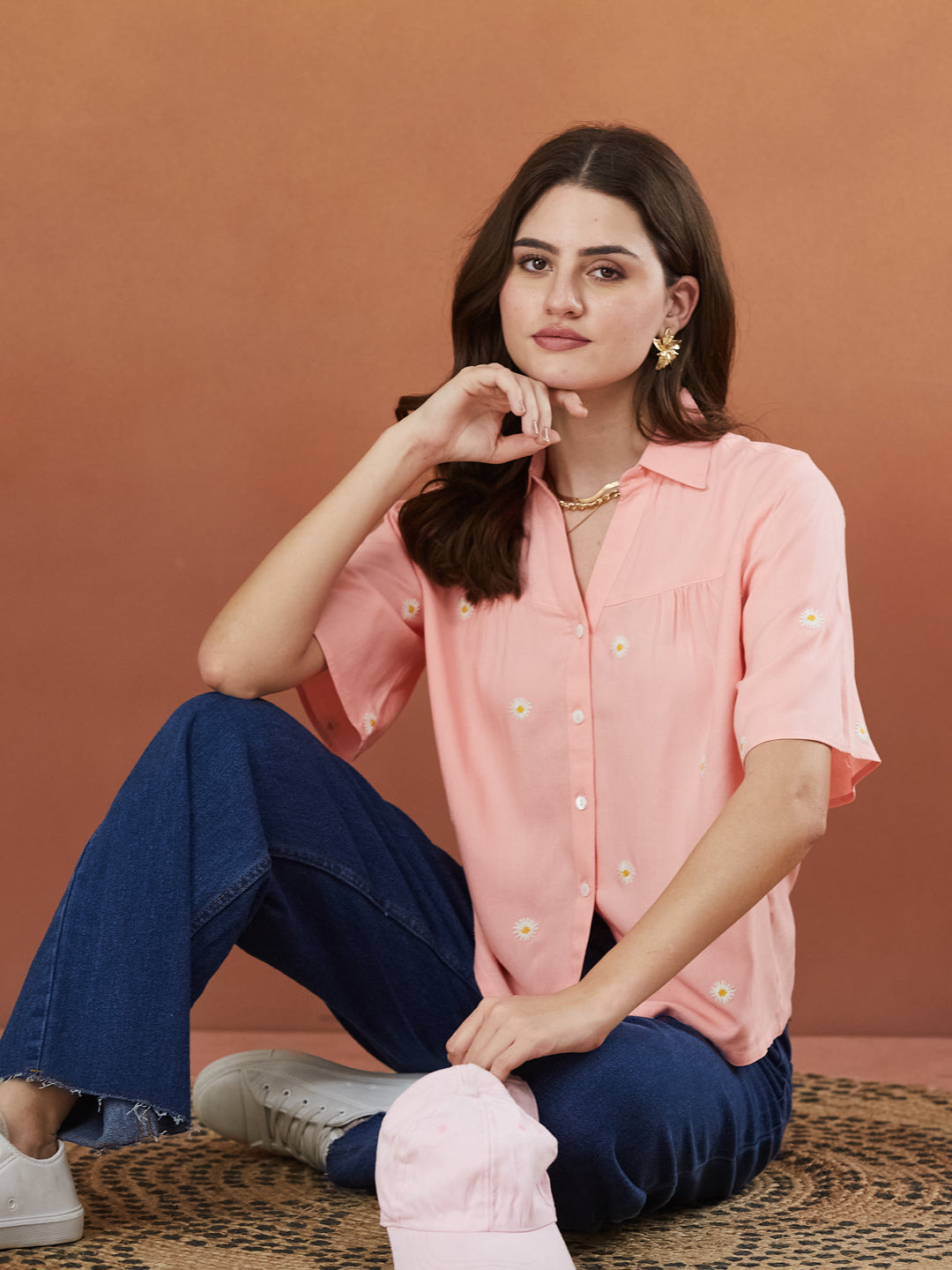 Women's Peach Rayon Embroidered Oversize shirt