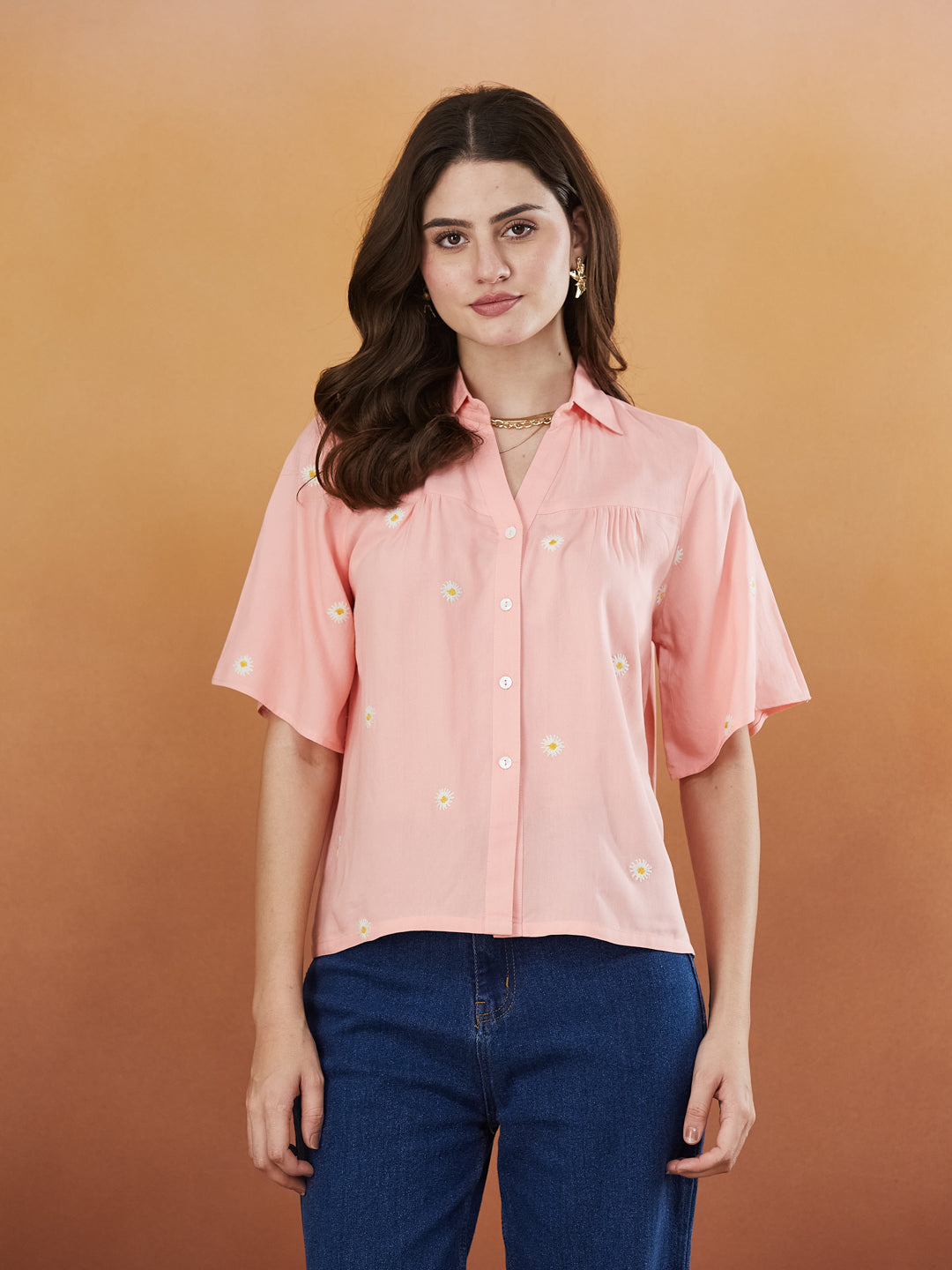 Women's Peach Rayon Embroidered Oversize shirt