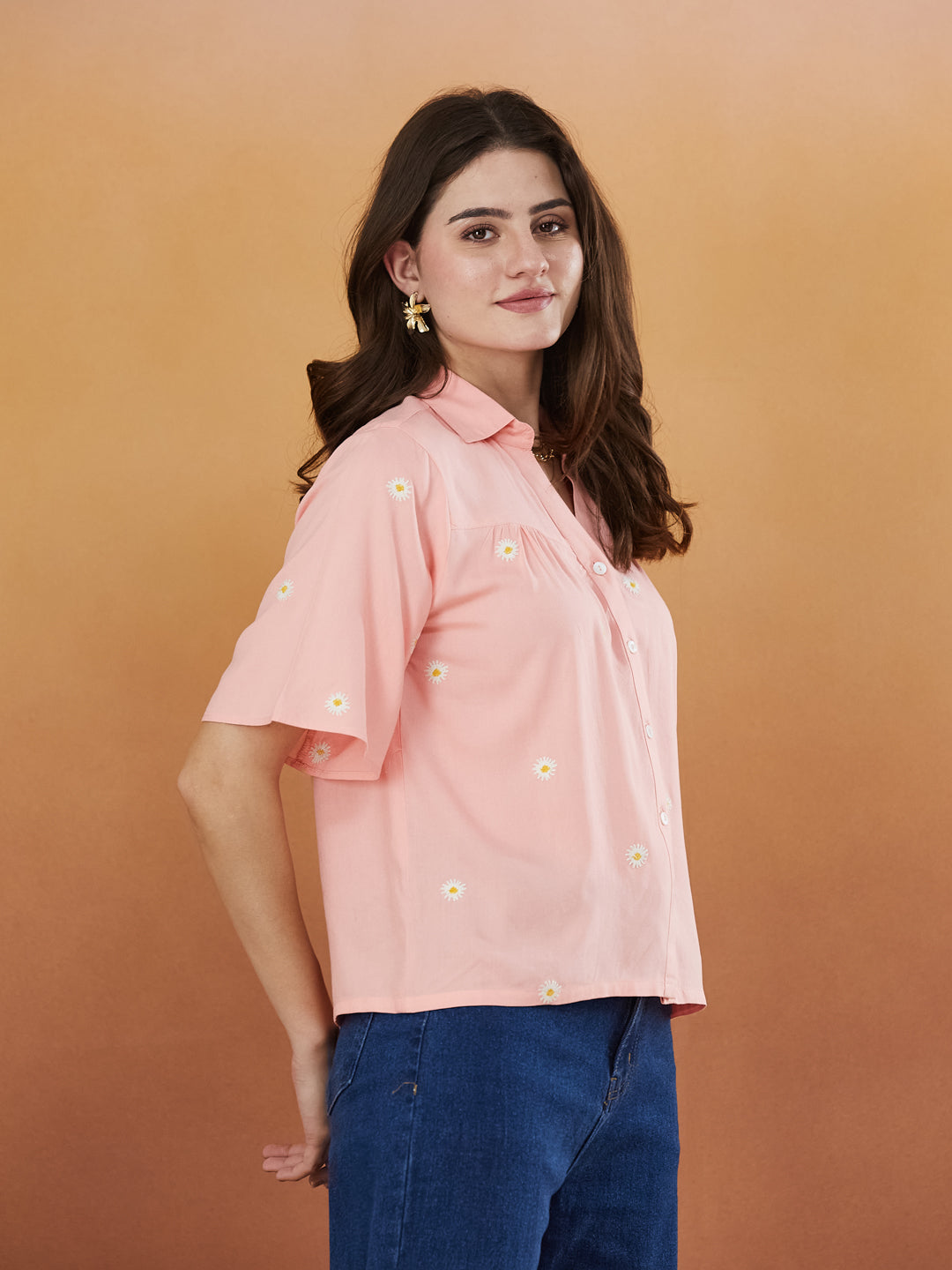 Women's Peach Rayon Embroidered Oversize shirt