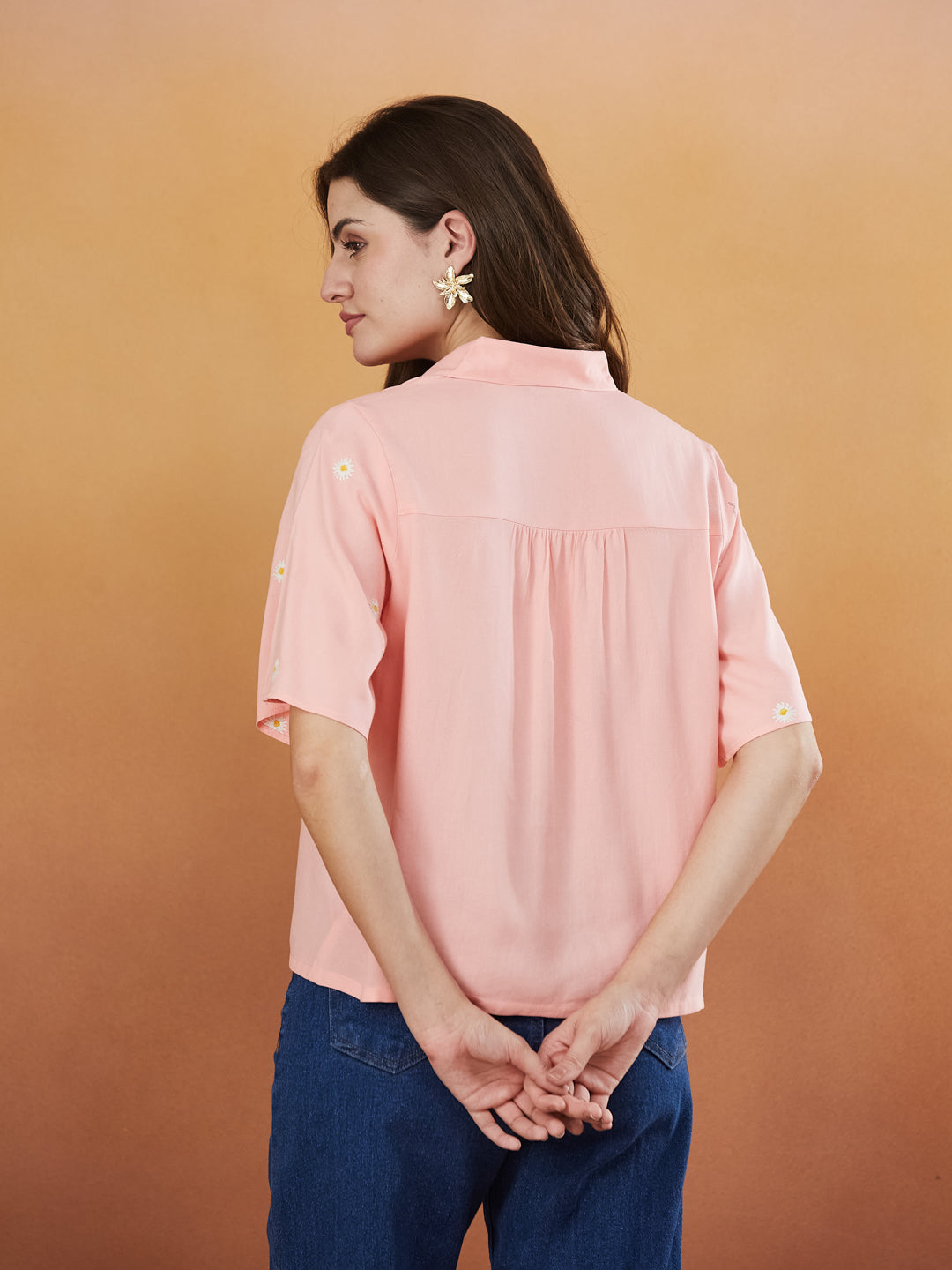Women's Peach Rayon Embroidered Oversize shirt