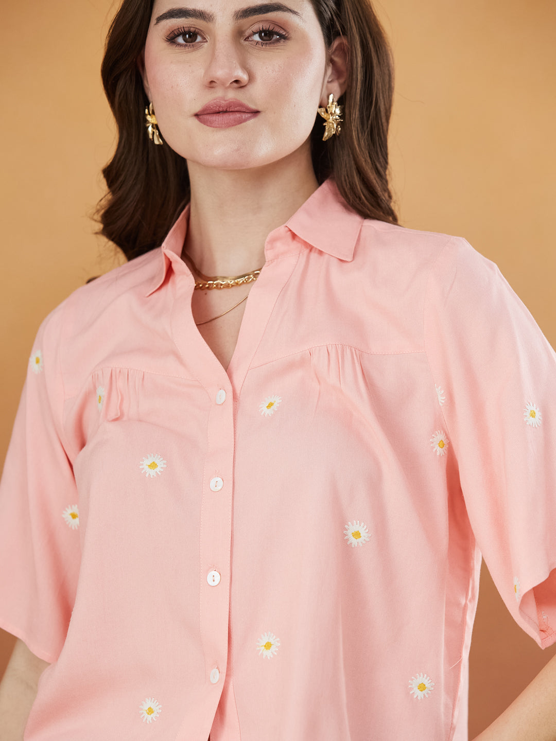 Women's Peach Rayon Embroidered Oversize shirt