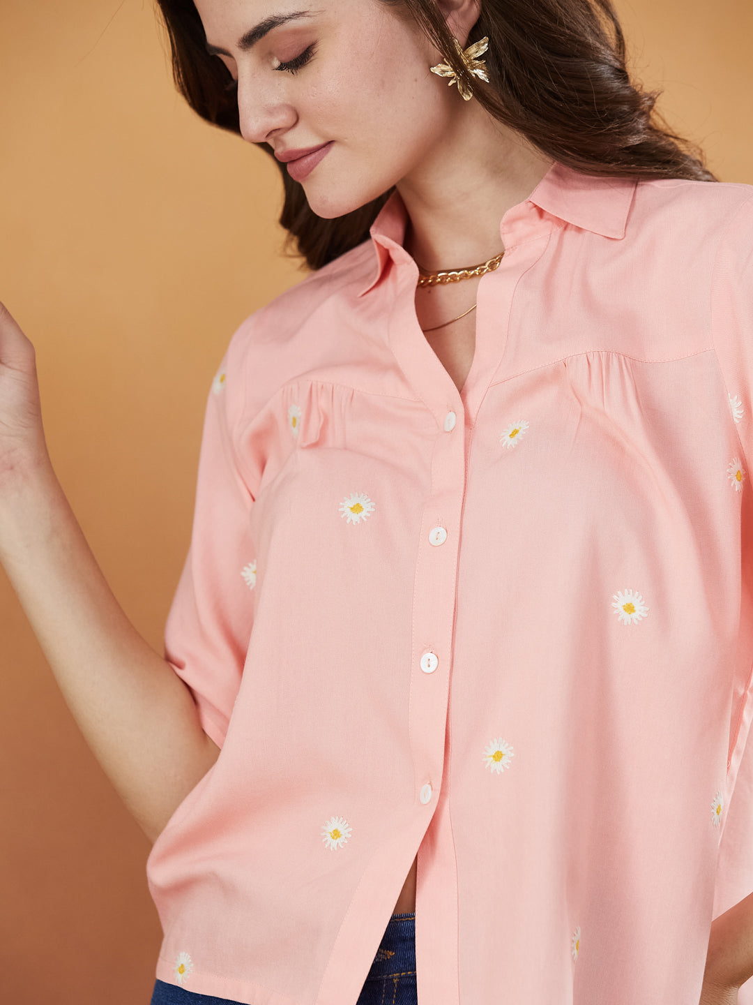 Women's Peach Rayon Embroidered Oversize shirt