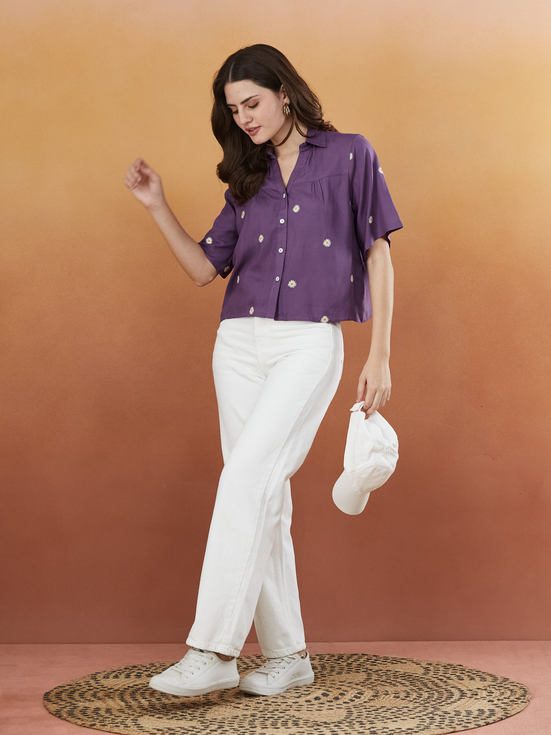 Women's Dark Purple Rayon Embroidered Oversize shirt