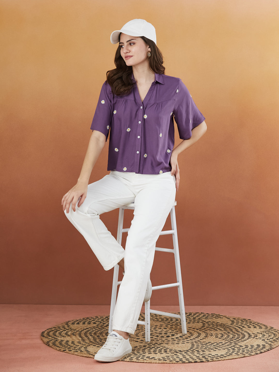 Women's Dark Purple Rayon Embroidered Oversize shirt