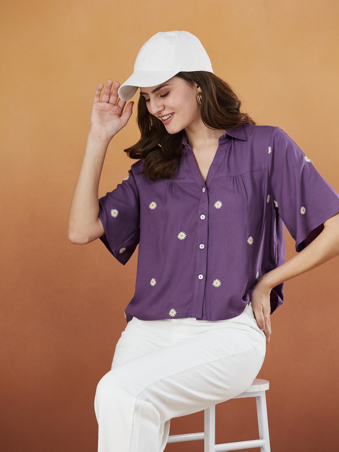 Women's Dark Purple Rayon Embroidered Oversize shirt