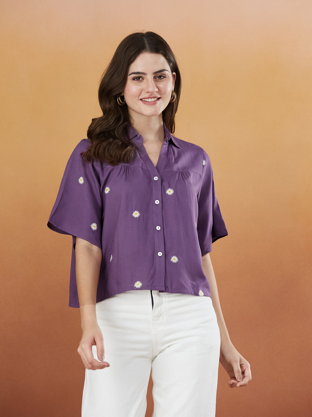 Women's Dark Purple Rayon Embroidered Oversize shirt