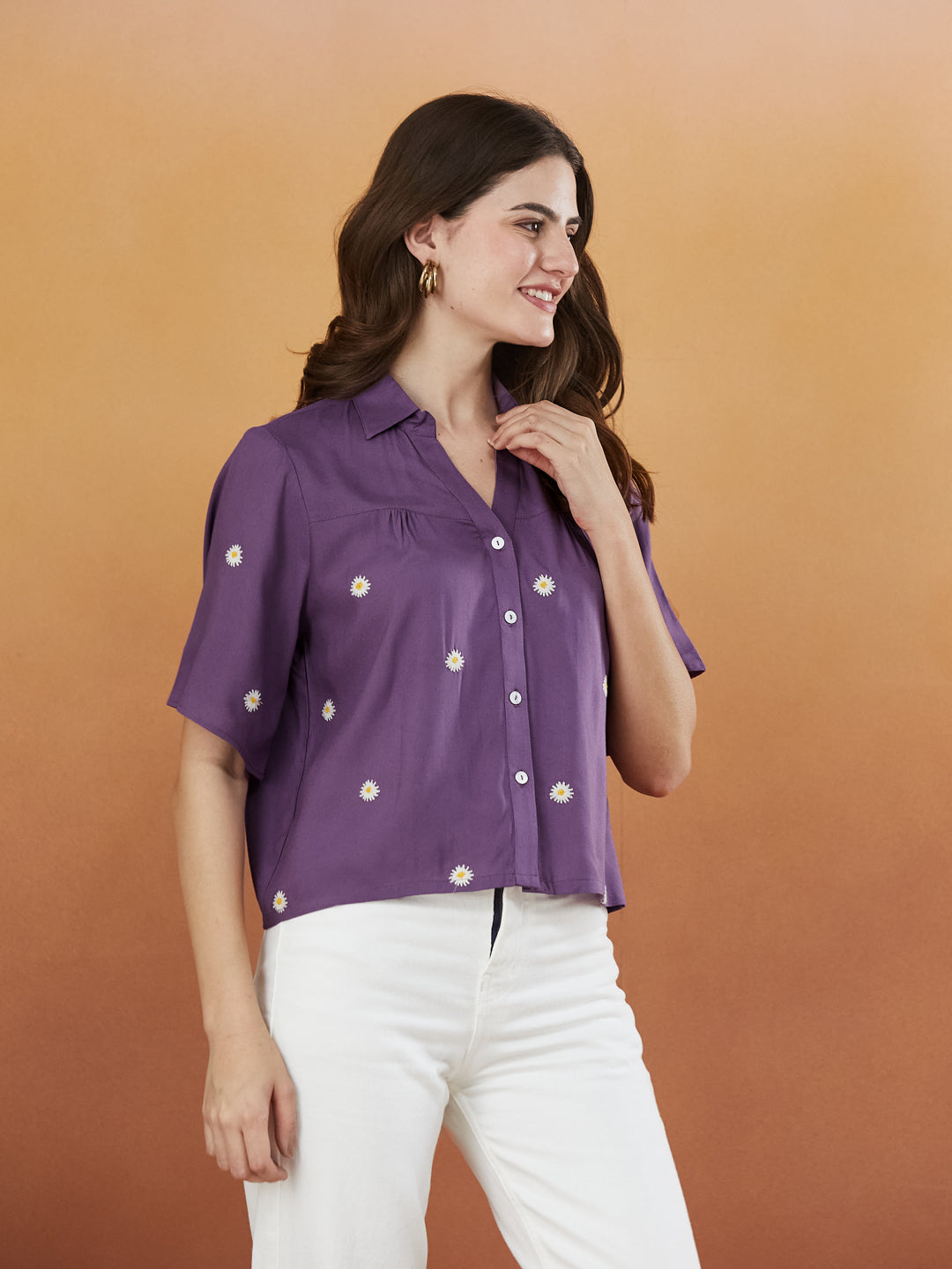 Women's Dark Purple Rayon Embroidered Oversize shirt