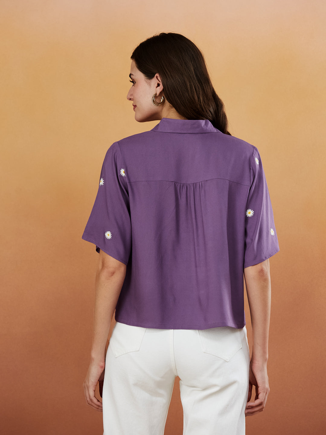 Women's Dark Purple Rayon Embroidered Oversize shirt