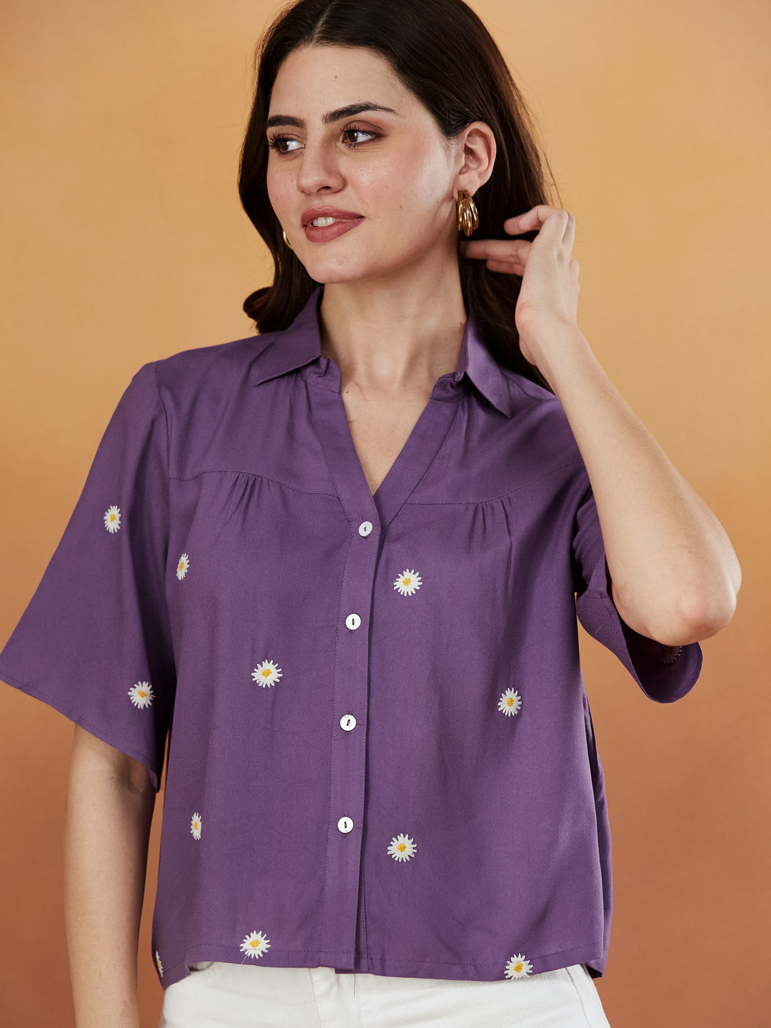 Women's Dark Purple Rayon Embroidered Oversize shirt